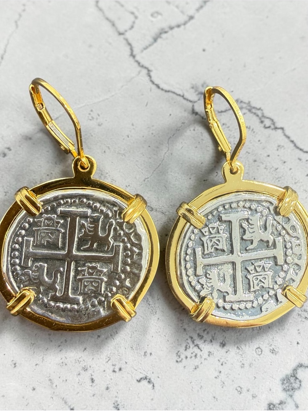 Recreation of ATOCHA coin earrings Silver and Gold two tone